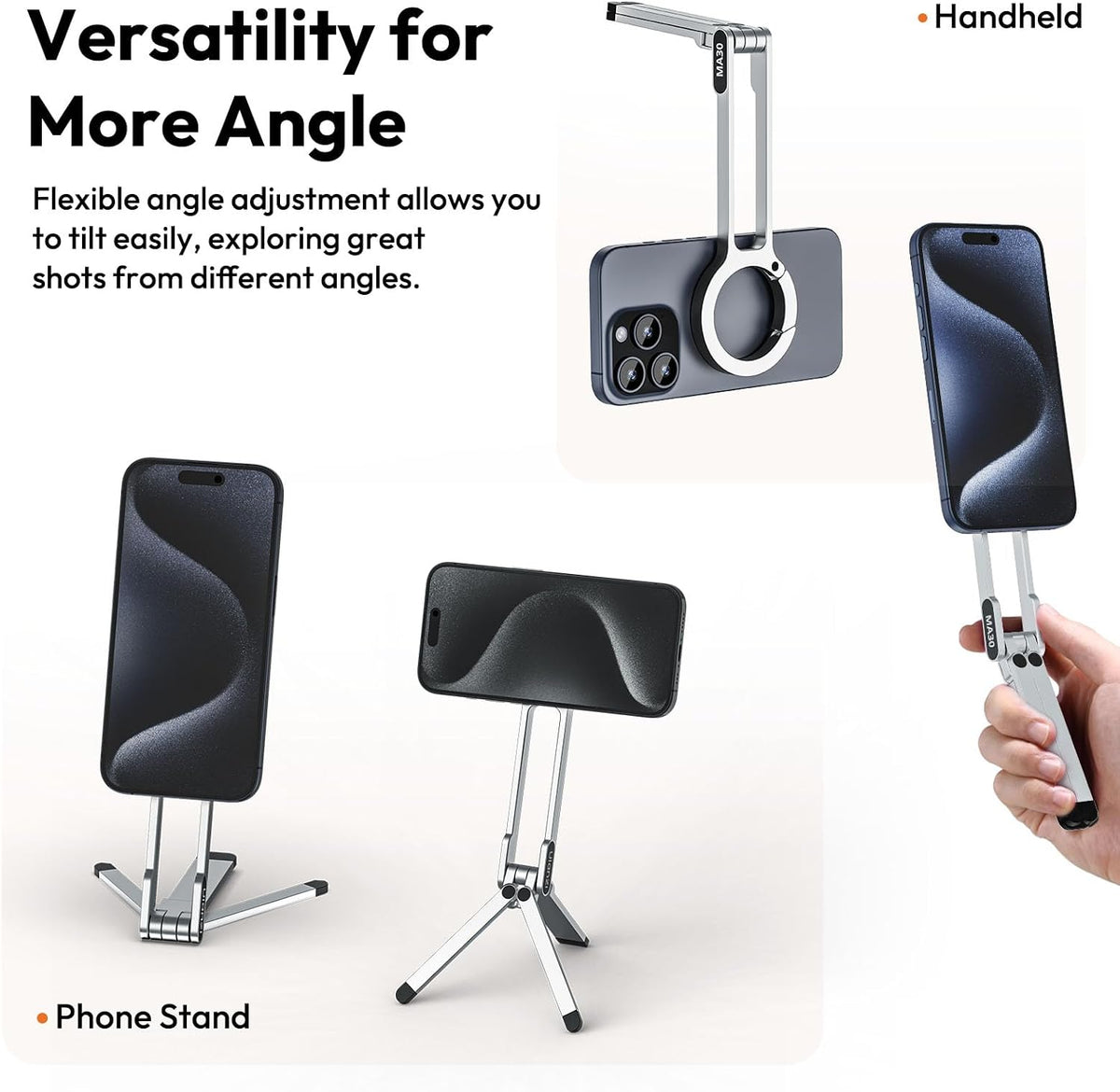 MA30 Magnetic Phone Tripod Stand for iPhone - Aluminium Maglock Smartphone Mini Tripod Pocket Cell Phone Stand Strong Magnet Quick Mount Compatible with iPhone 17 16 15 14 13 12 Series, Black