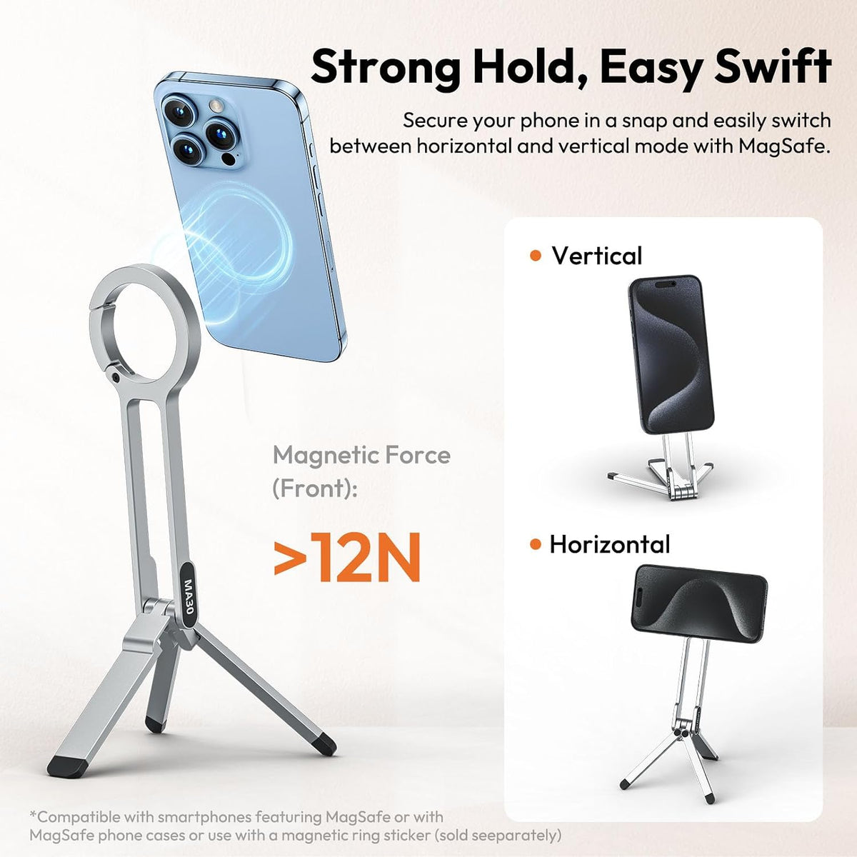 MA30 Magnetic Phone Tripod Stand for iPhone - Aluminium Maglock Smartphone Mini Tripod Pocket Cell Phone Stand Strong Magnet Quick Mount Compatible with iPhone 17 16 15 14 13 12 Series, Black