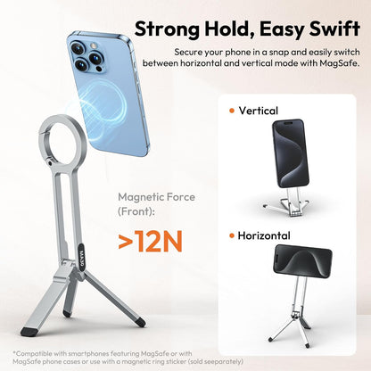 MA30 Magnetic Phone Tripod Stand for iPhone - Aluminium Maglock Smartphone Mini Tripod Pocket Cell Phone Stand Strong Magnet Quick Mount Compatible with iPhone 17 16 15 14 13 12 Series, Black