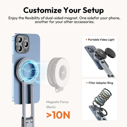 MA30 Magnetic Phone Tripod Stand for iPhone - Aluminium Maglock Smartphone Mini Tripod Pocket Cell Phone Stand Strong Magnet Quick Mount Compatible with iPhone 17 16 15 14 13 12 Series, Black