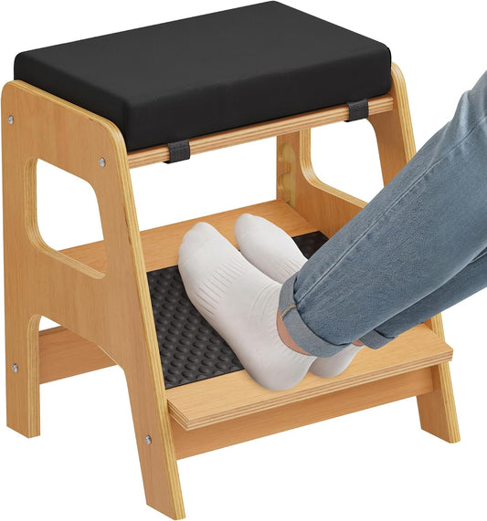 Adjustable Wooden Foot Rest, Double Step Footstool with 3 Height Levels