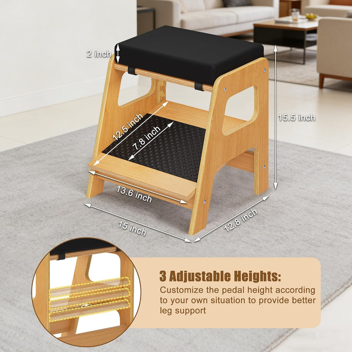 Adjustable Wooden Foot Rest, Double Step Footstool with 3 Height Levels