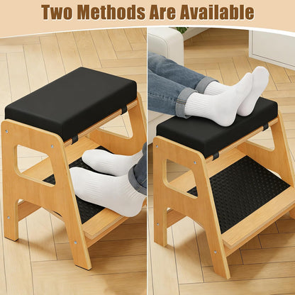 Adjustable Wooden Foot Rest, Double Step Footstool with 3 Height Levels