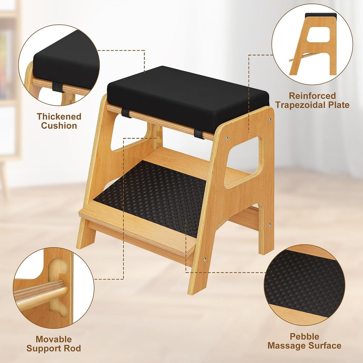 Adjustable Wooden Foot Rest, Double Step Footstool with 3 Height Levels