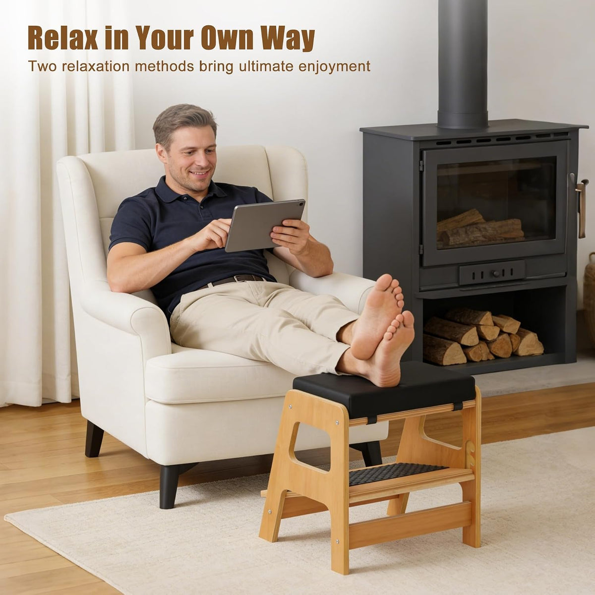 Adjustable Wooden Foot Rest, Double Step Footstool with 3 Height Levels