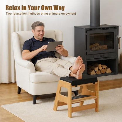 Adjustable Wooden Foot Rest, Double Step Footstool with 3 Height Levels