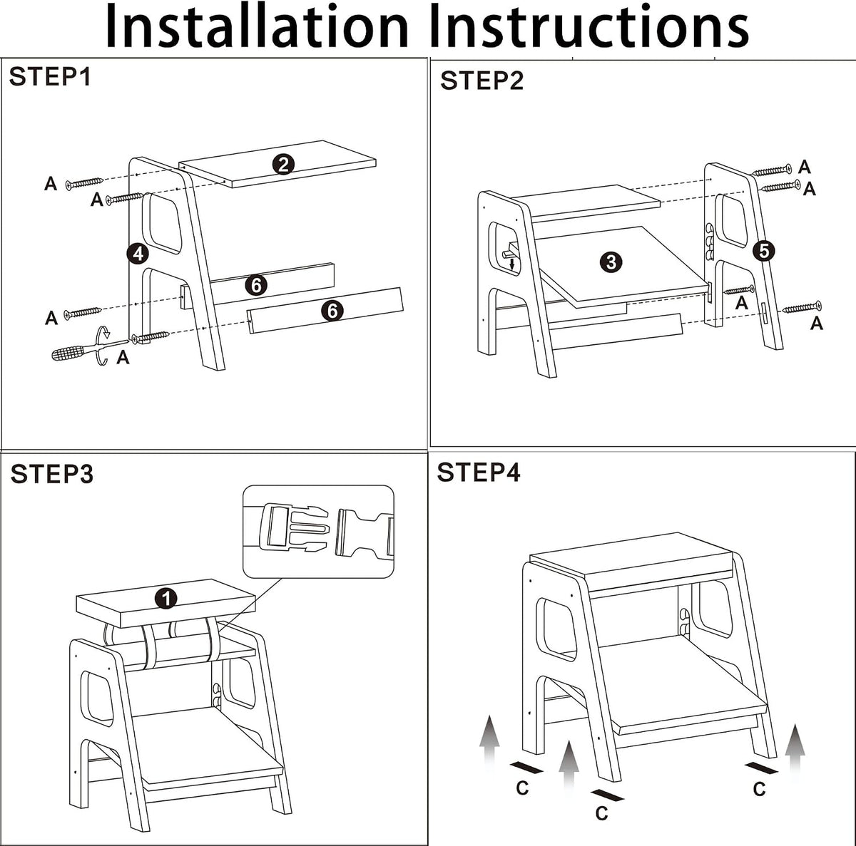Adjustable Wooden Foot Rest, Double Step Footstool with 3 Height Levels
