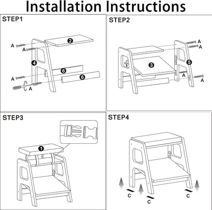 Adjustable Wooden Foot Rest, Double Step Footstool with 3 Height Levels