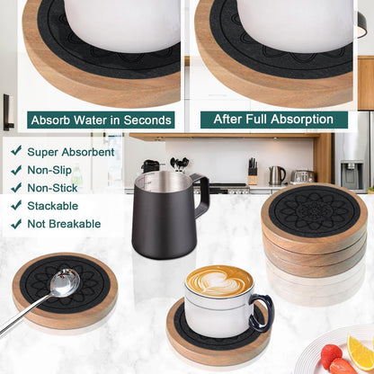 Wood Coasters for Drinks, Absorbent Coaster Sets of 5, Drinks Coasters for Coffee Tabletop Protection, Non-Slip, Non-Stick, Suitable for Kinds of Cups Wooden Table Drink, 4.3 Inches Black