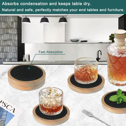 Wood Coasters for Drinks, Absorbent Coaster Sets of 5, Drinks Coasters for Coffee Tabletop Protection, Non-Slip, Non-Stick, Suitable for Kinds of Cups Wooden Table Drink, 4.3 Inches Black