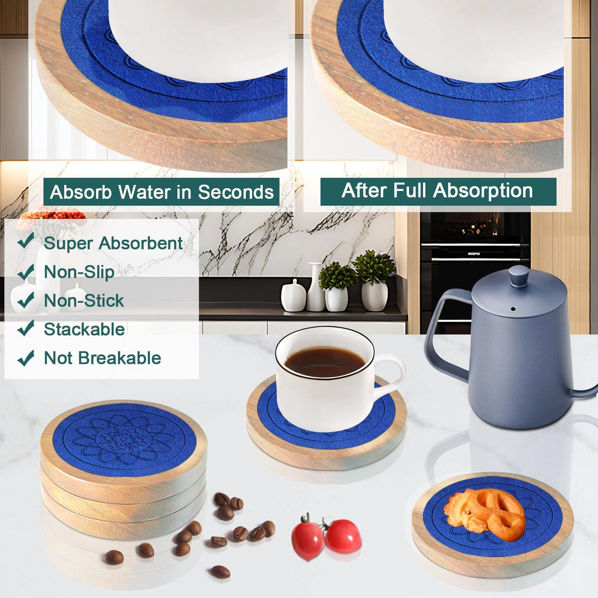 Wood Coasters for Drinks, Absorbent Coaster Sets of 5, Drinks Coasters for Coffee Tabletop Protection, Non-Slip, Non-Stick, Suitable for Kinds of Cups Wooden Table Drink, 4.3 Inches Black