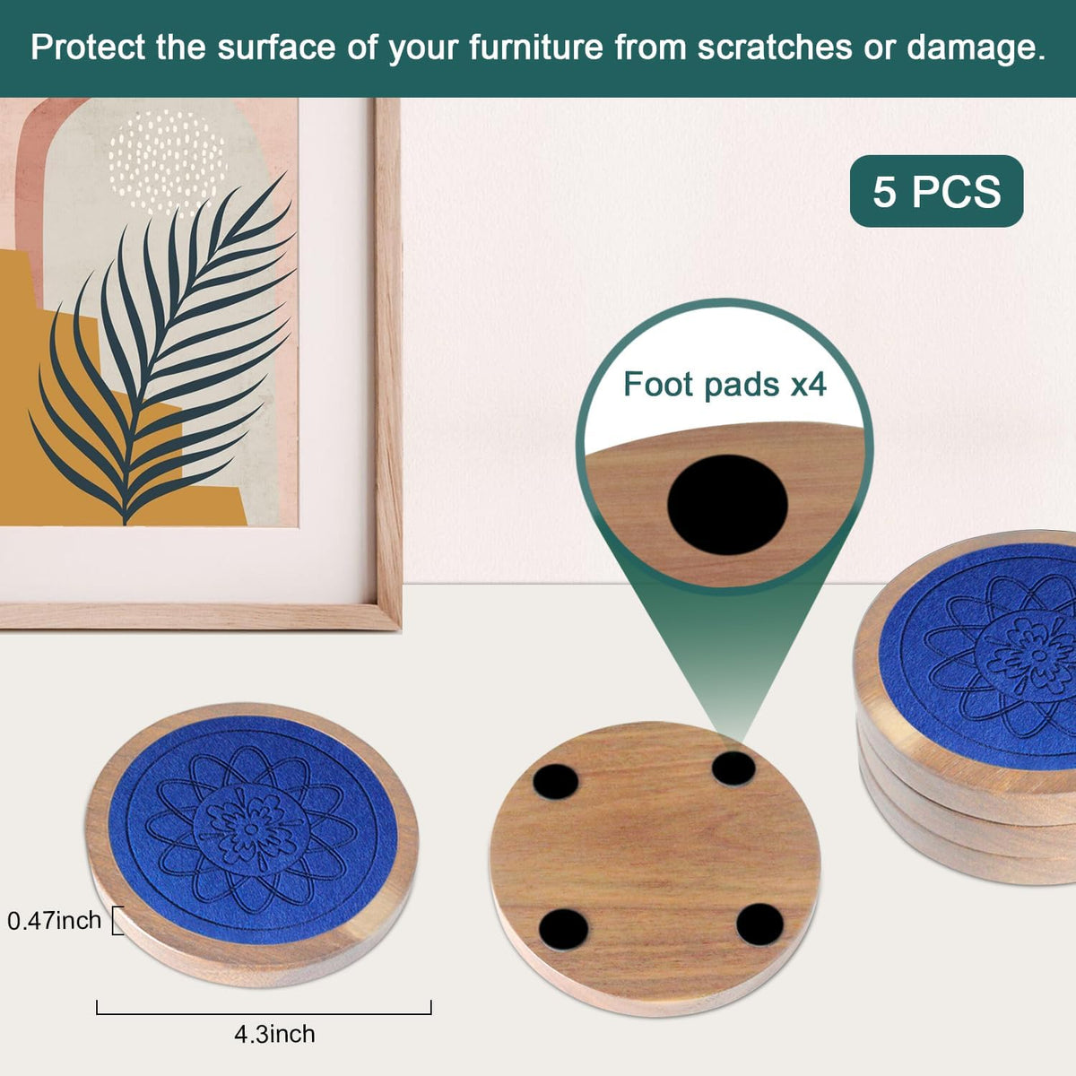Wood Coasters for Drinks, Absorbent Coaster Sets of 5, Drinks Coasters for Coffee Tabletop Protection, Non-Slip, Non-Stick, Suitable for Kinds of Cups Wooden Table Drink, 4.3 Inches Black