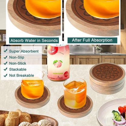 Wood Coasters for Drinks, Absorbent Coaster Sets of 5, Drinks Coasters for Coffee Tabletop Protection, Non-Slip, Non-Stick, Suitable for Kinds of Cups Wooden Table Drink, 4.3 Inches Black