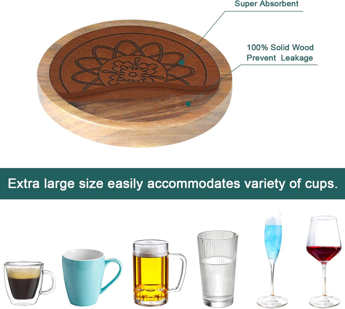 Wood Coasters for Drinks, Absorbent Coaster Sets of 5, Drinks Coasters for Coffee Tabletop Protection, Non-Slip, Non-Stick, Suitable for Kinds of Cups Wooden Table Drink, 4.3 Inches Black