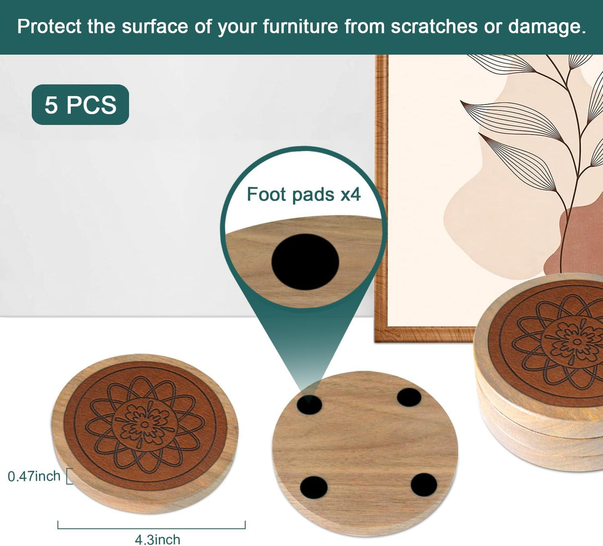 Wood Coasters for Drinks, Absorbent Coaster Sets of 5, Drinks Coasters for Coffee Tabletop Protection, Non-Slip, Non-Stick, Suitable for Kinds of Cups Wooden Table Drink, 4.3 Inches Black