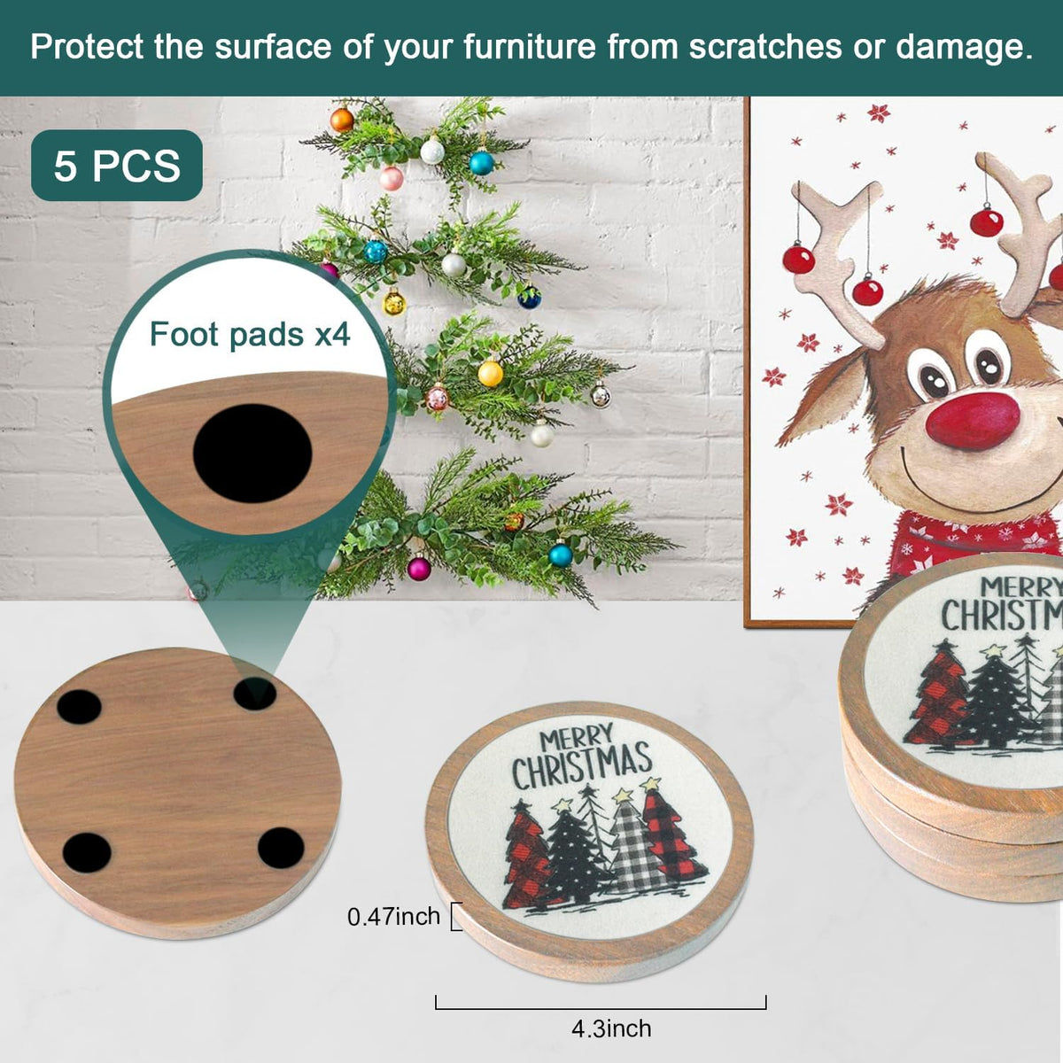Wood Coasters for Drinks, Absorbent Coaster Sets of 5, Drinks Coasters for Coffee Tabletop Protection, Non-Slip, Non-Stick, Suitable for Kinds of Cups Wooden Table Drink, 4.3 Inches Black