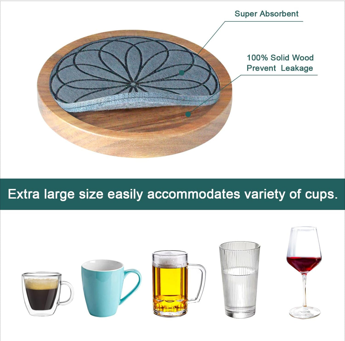 Wood Coasters for Drinks, Absorbent Coaster Sets of 5, Drinks Coasters for Coffee Tabletop Protection, Non-Slip, Non-Stick, Suitable for Kinds of Cups Wooden Table Drink, 4.3 Inches Black