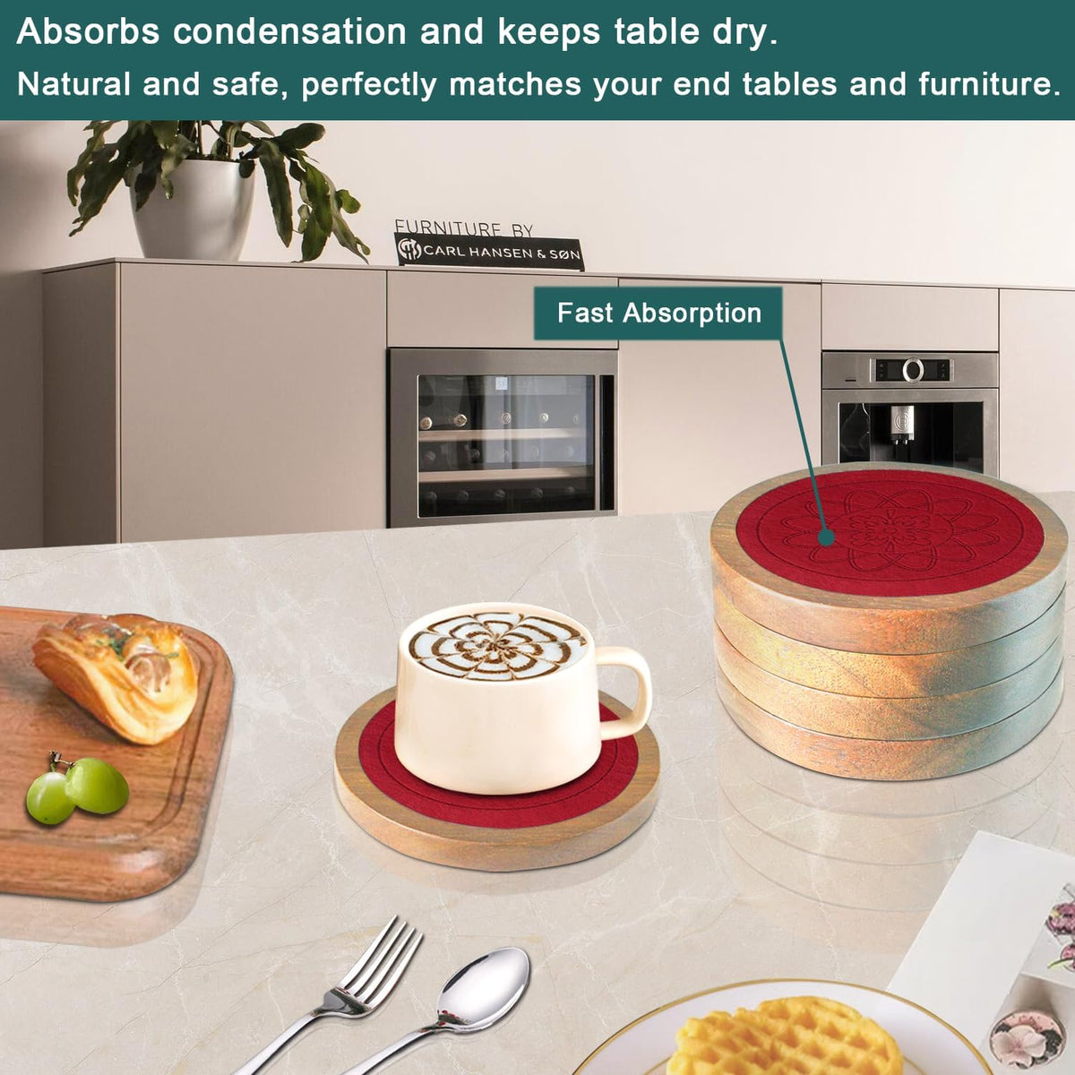 Wood Coasters for Drinks, Absorbent Coaster Sets of 5, Drinks Coasters for Coffee Tabletop Protection, Non-Slip, Non-Stick, Suitable for Kinds of Cups Wooden Table Drink, 4.3 Inches Black