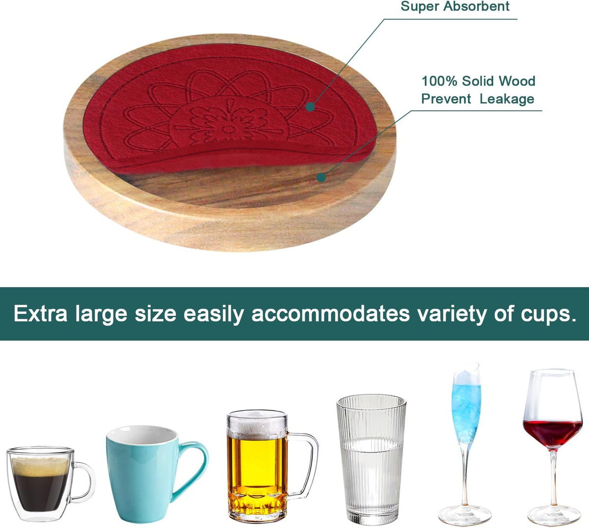 Wood Coasters for Drinks, Absorbent Coaster Sets of 5, Drinks Coasters for Coffee Tabletop Protection, Non-Slip, Non-Stick, Suitable for Kinds of Cups Wooden Table Drink, 4.3 Inches Black