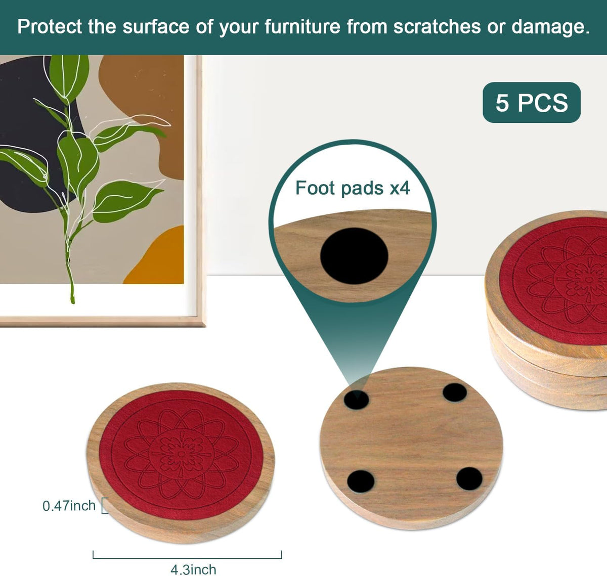 Wood Coasters for Drinks, Absorbent Coaster Sets of 5, Drinks Coasters for Coffee Tabletop Protection, Non-Slip, Non-Stick, Suitable for Kinds of Cups Wooden Table Drink, 4.3 Inches Black
