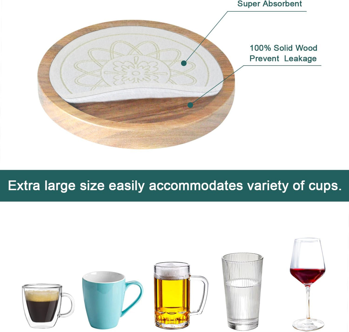 Wood Coasters for Drinks, Absorbent Coaster Sets of 5, Drinks Coasters for Coffee Tabletop Protection, Non-Slip, Non-Stick, Suitable for Kinds of Cups Wooden Table Drink, 4.3 Inches Black