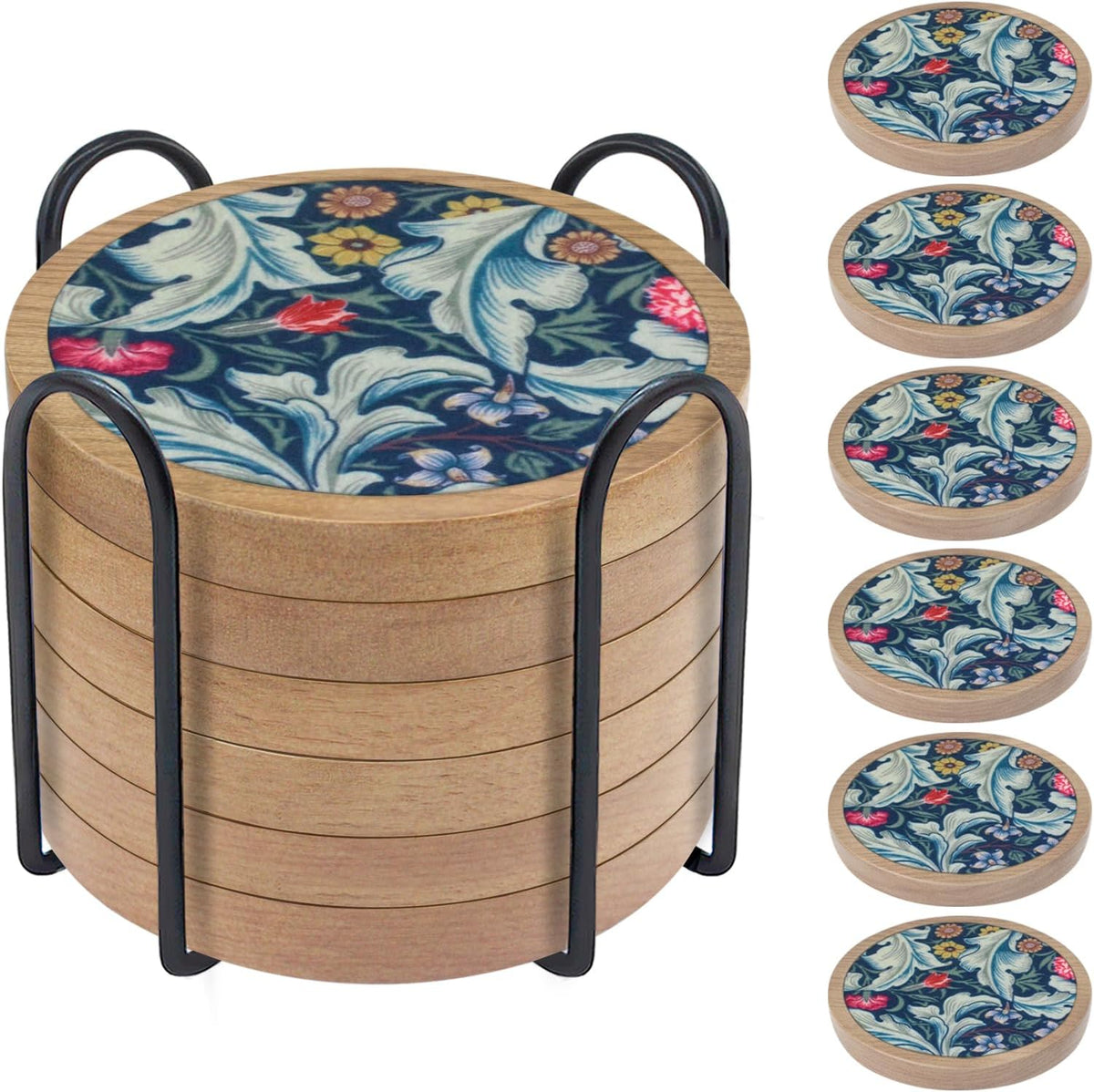 Wood Coasters for Drinks, Absorbent Coaster Sets of 5, Drinks Coasters for Coffee Tabletop Protection, Non-Slip, Non-Stick, Suitable for Kinds of Cups Wooden Table Drink, 4.3 Inches Black