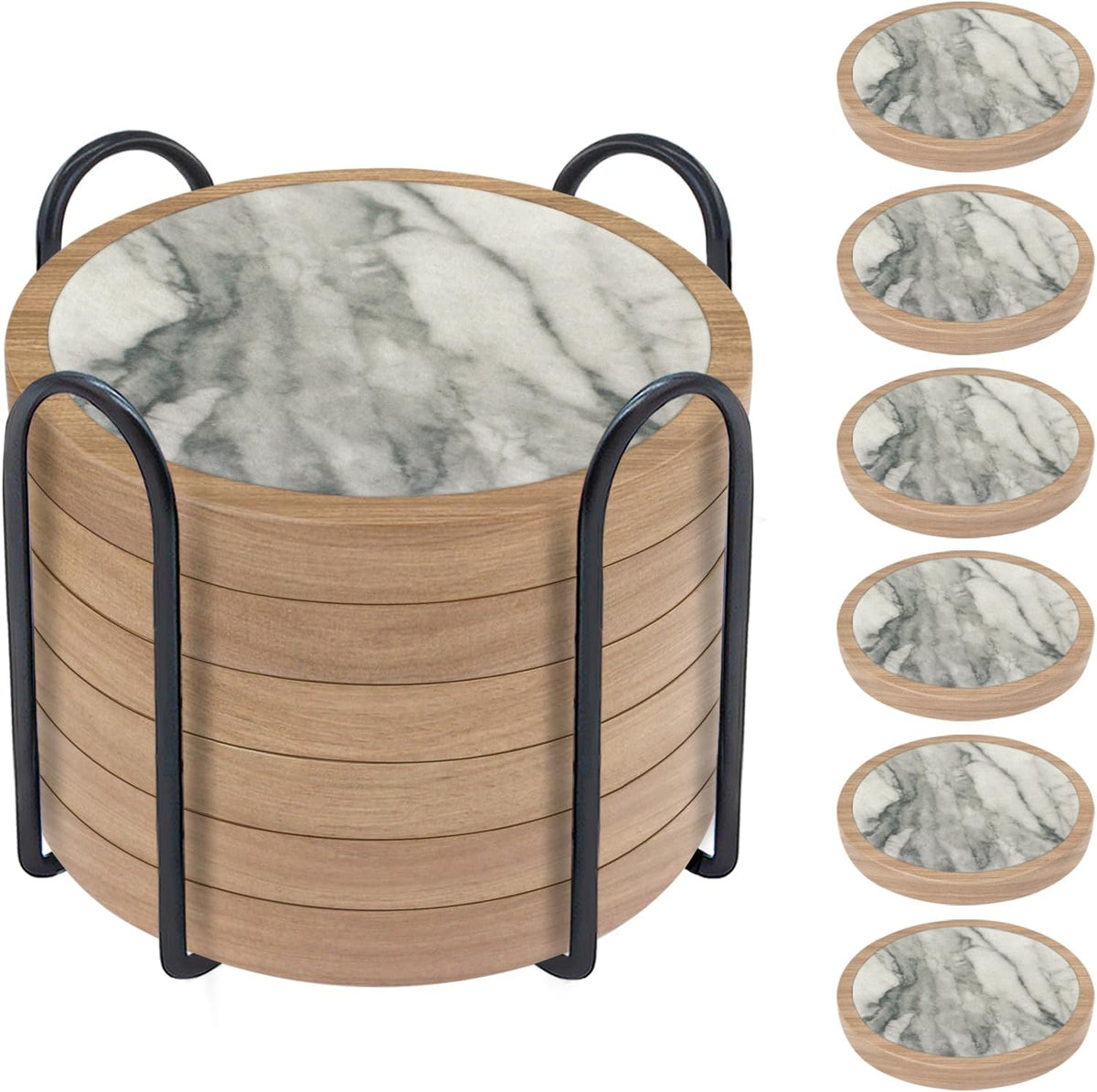 Wood Coasters for Drinks, Absorbent Coaster Sets of 5, Drinks Coasters for Coffee Tabletop Protection, Non-Slip, Non-Stick, Suitable for Kinds of Cups Wooden Table Drink, 4.3 Inches Black