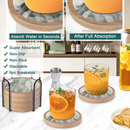 Wood Coasters for Drinks, Absorbent Coaster Sets of 5, Drinks Coasters for Coffee Tabletop Protection, Non-Slip, Non-Stick, Suitable for Kinds of Cups Wooden Table Drink, 4.3 Inches Black