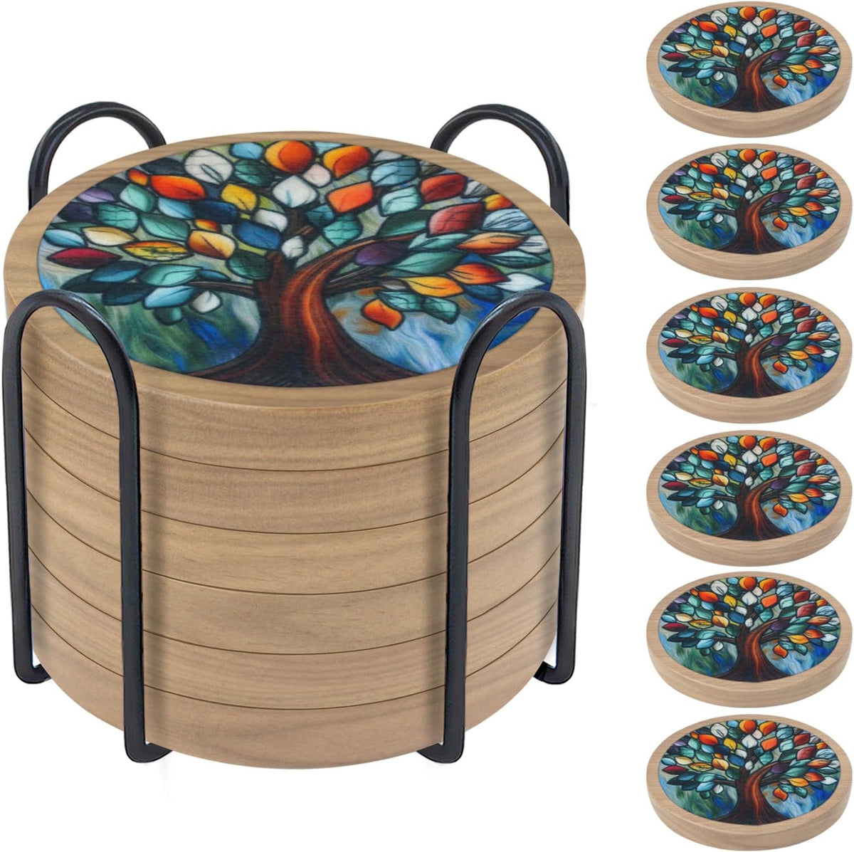 Wood Coasters for Drinks, Absorbent Coaster Sets of 5, Drinks Coasters for Coffee Tabletop Protection, Non-Slip, Non-Stick, Suitable for Kinds of Cups Wooden Table Drink, 4.3 Inches Black