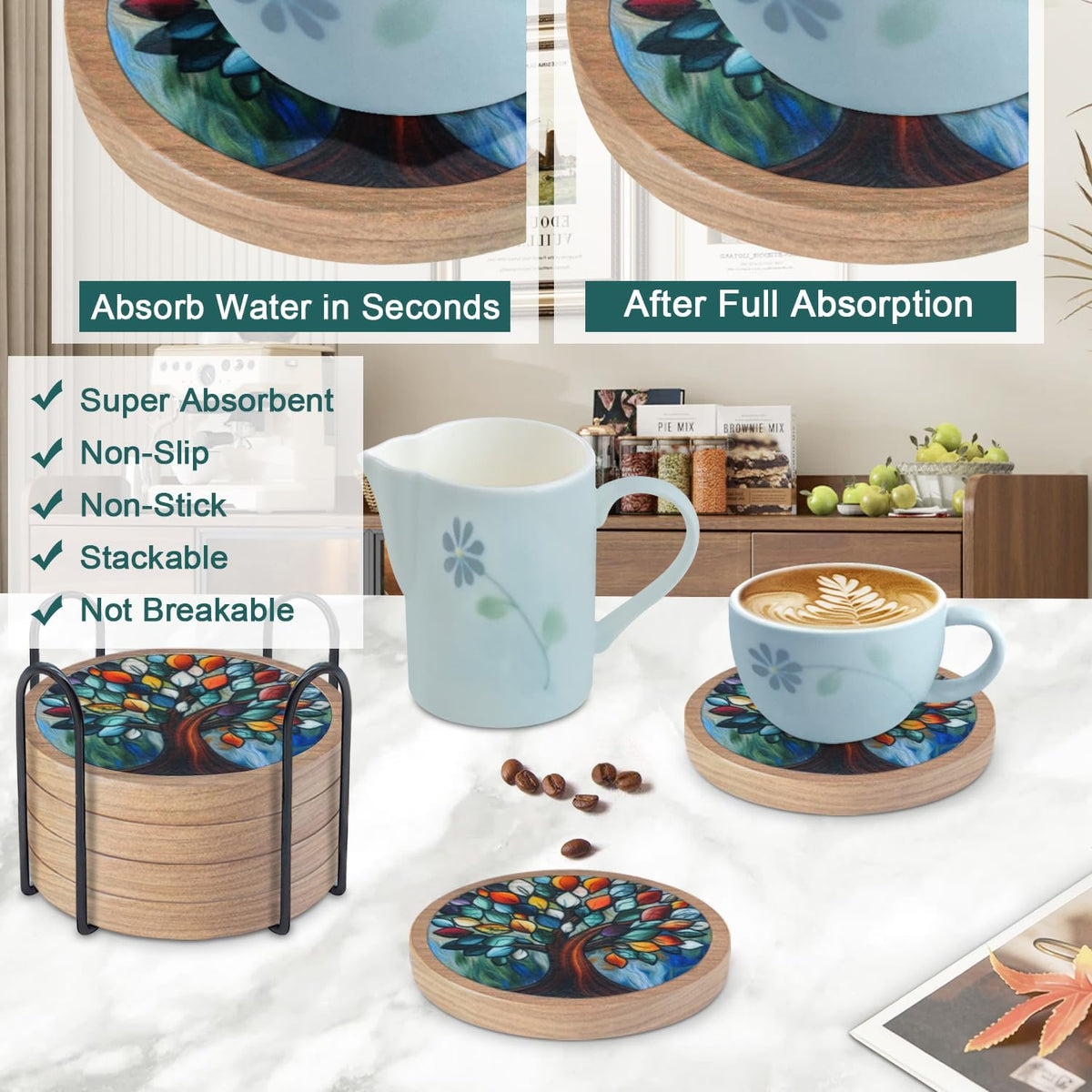 Wood Coasters for Drinks, Absorbent Coaster Sets of 5, Drinks Coasters for Coffee Tabletop Protection, Non-Slip, Non-Stick, Suitable for Kinds of Cups Wooden Table Drink, 4.3 Inches Black