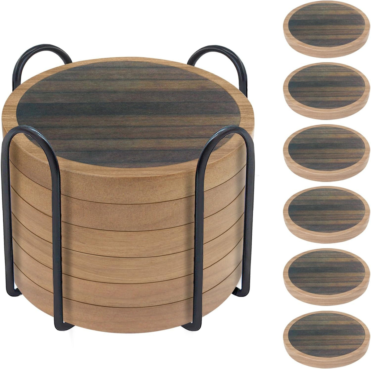 Wood Coasters for Drinks, Absorbent Coaster Sets of 5, Drinks Coasters for Coffee Tabletop Protection, Non-Slip, Non-Stick, Suitable for Kinds of Cups Wooden Table Drink, 4.3 Inches Black