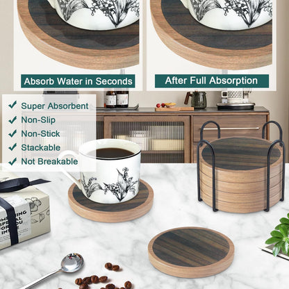 Wood Coasters for Drinks, Absorbent Coaster Sets of 5, Drinks Coasters for Coffee Tabletop Protection, Non-Slip, Non-Stick, Suitable for Kinds of Cups Wooden Table Drink, 4.3 Inches Black