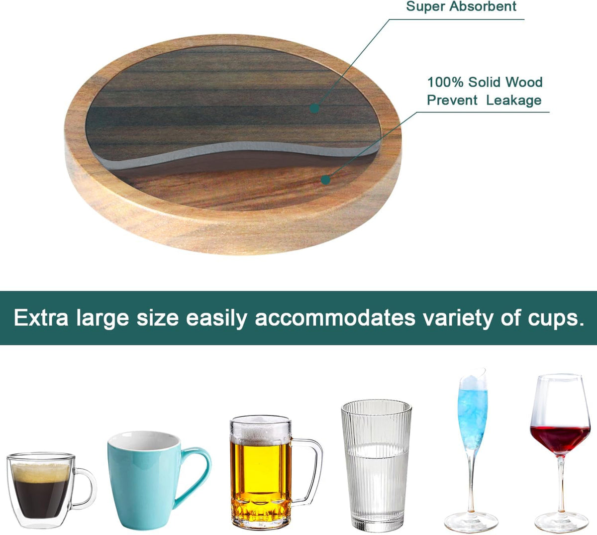 Wood Coasters for Drinks, Absorbent Coaster Sets of 5, Drinks Coasters for Coffee Tabletop Protection, Non-Slip, Non-Stick, Suitable for Kinds of Cups Wooden Table Drink, 4.3 Inches Black