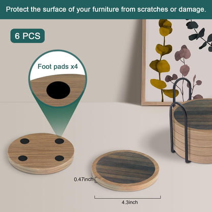 Wood Coasters for Drinks, Absorbent Coaster Sets of 5, Drinks Coasters for Coffee Tabletop Protection, Non-Slip, Non-Stick, Suitable for Kinds of Cups Wooden Table Drink, 4.3 Inches Black