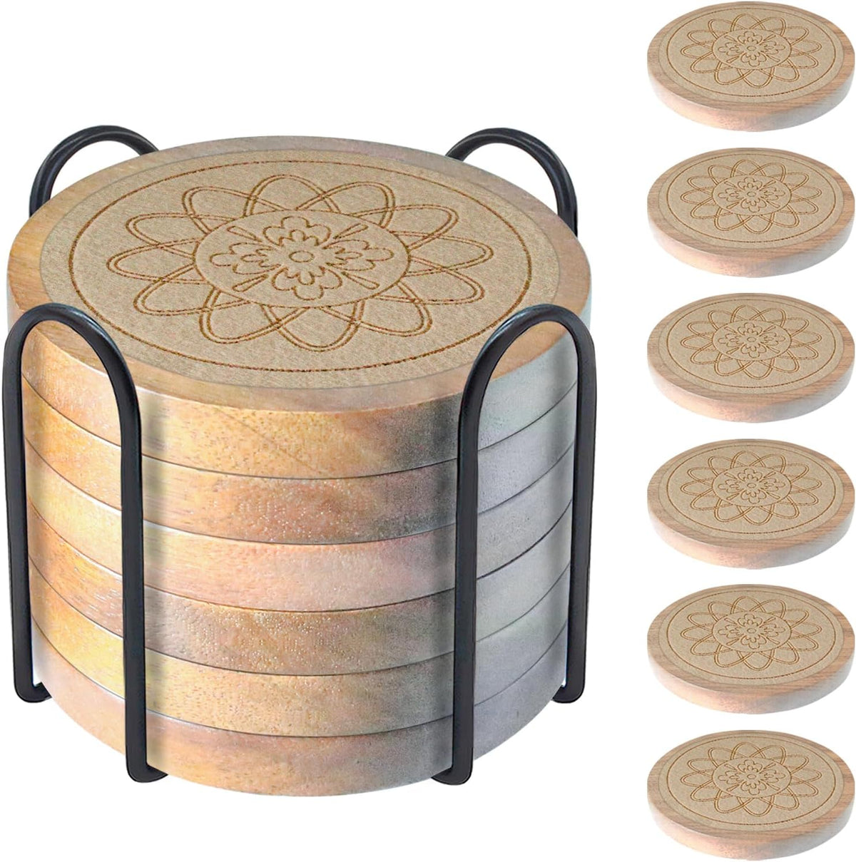 Wood Coasters for Drinks, Absorbent Coaster Sets of 5, Drinks Coasters for Coffee Tabletop Protection, Non-Slip, Non-Stick, Suitable for Kinds of Cups Wooden Table Drink, 4.3 Inches Black