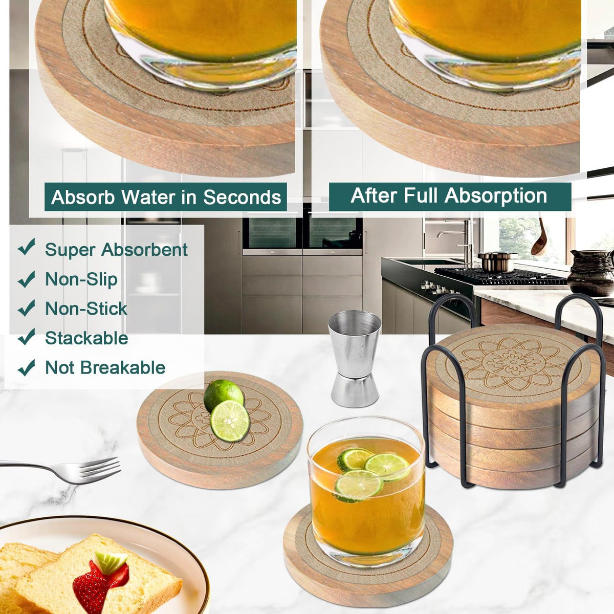 Wood Coasters for Drinks, Absorbent Coaster Sets of 5, Drinks Coasters for Coffee Tabletop Protection, Non-Slip, Non-Stick, Suitable for Kinds of Cups Wooden Table Drink, 4.3 Inches Black