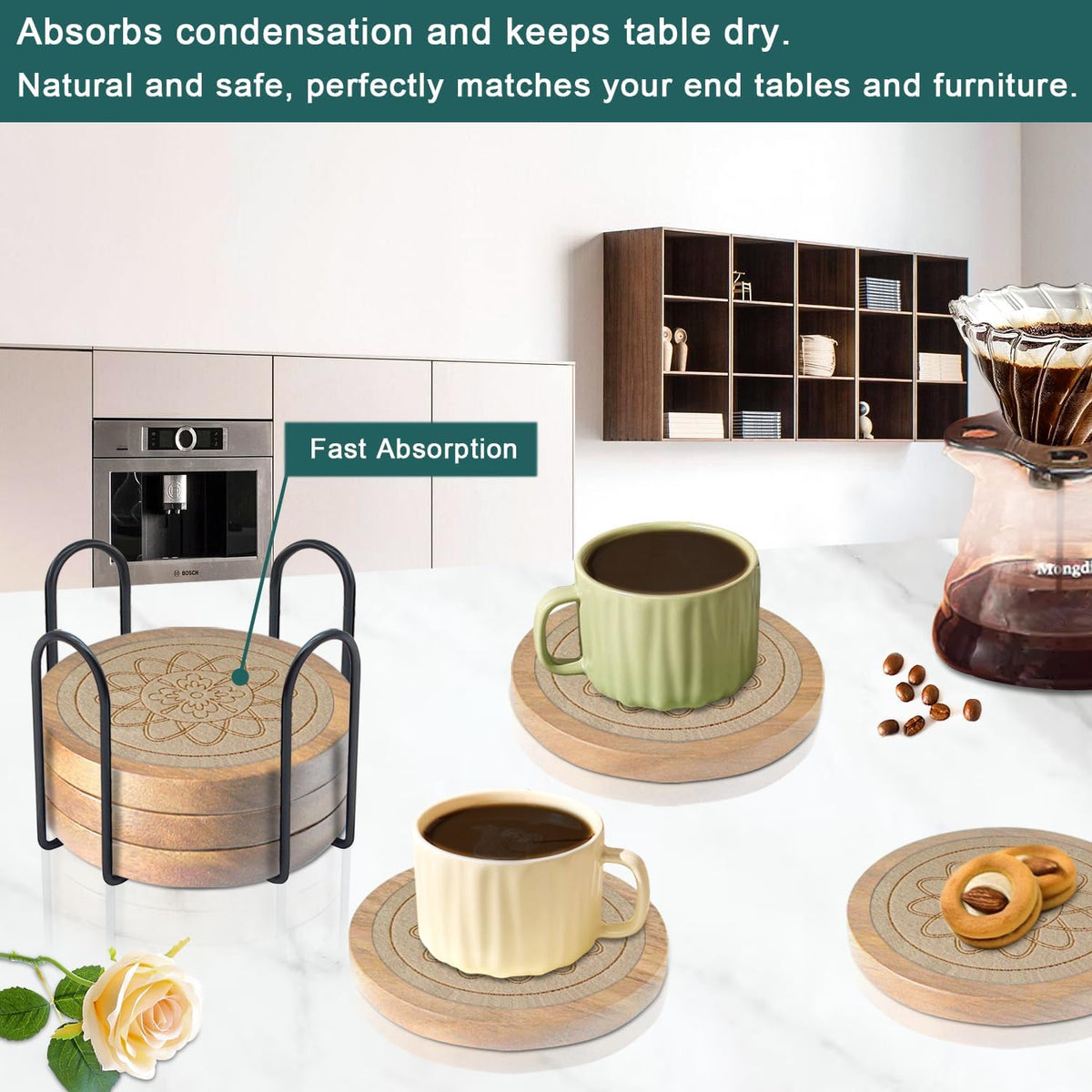 Wood Coasters for Drinks, Absorbent Coaster Sets of 5, Drinks Coasters for Coffee Tabletop Protection, Non-Slip, Non-Stick, Suitable for Kinds of Cups Wooden Table Drink, 4.3 Inches Black