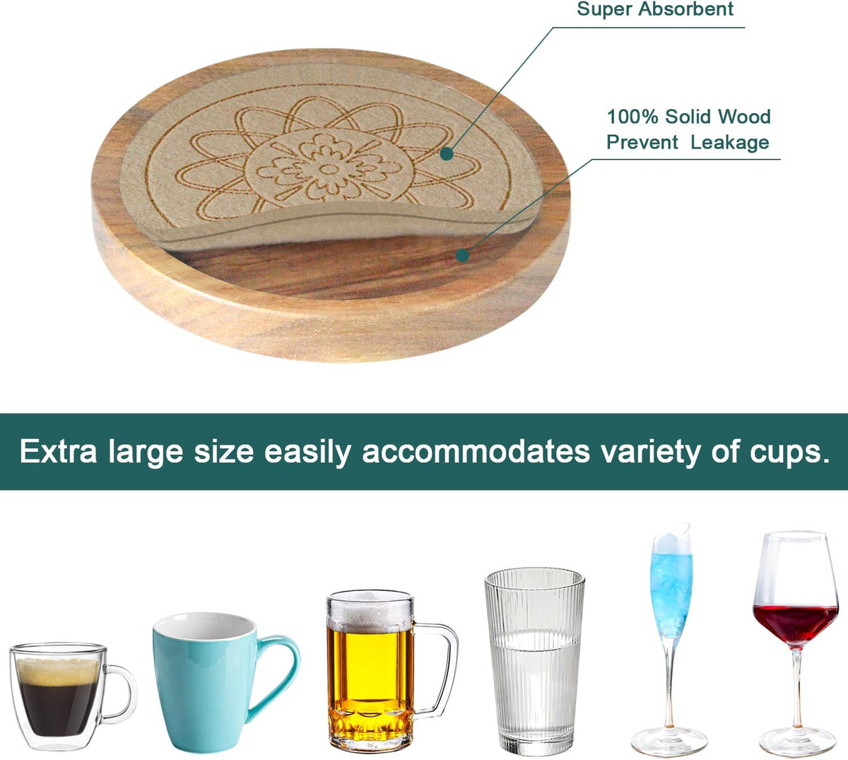 Wood Coasters for Drinks, Absorbent Coaster Sets of 5, Drinks Coasters for Coffee Tabletop Protection, Non-Slip, Non-Stick, Suitable for Kinds of Cups Wooden Table Drink, 4.3 Inches Black