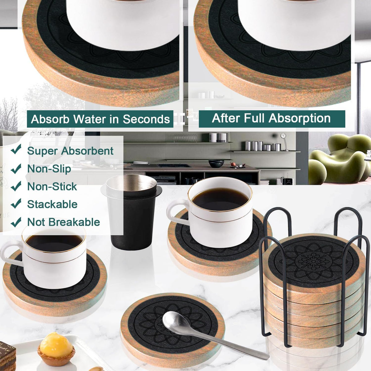 Wood Coasters for Drinks, Absorbent Coaster Sets of 5, Drinks Coasters for Coffee Tabletop Protection, Non-Slip, Non-Stick, Suitable for Kinds of Cups Wooden Table Drink, 4.3 Inches Black
