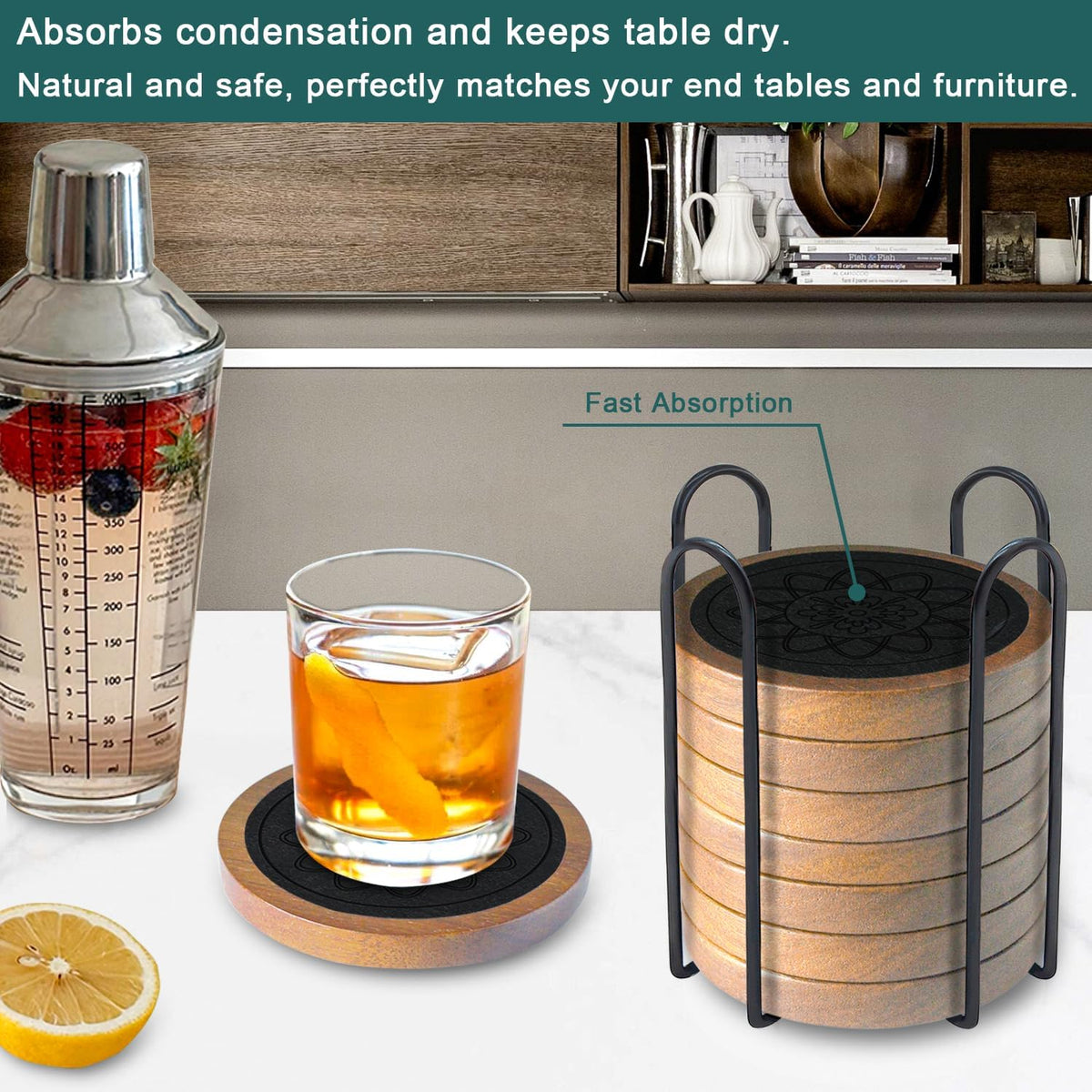 Wood Coasters for Drinks, Absorbent Coaster Sets of 5, Drinks Coasters for Coffee Tabletop Protection, Non-Slip, Non-Stick, Suitable for Kinds of Cups Wooden Table Drink, 4.3 Inches Black