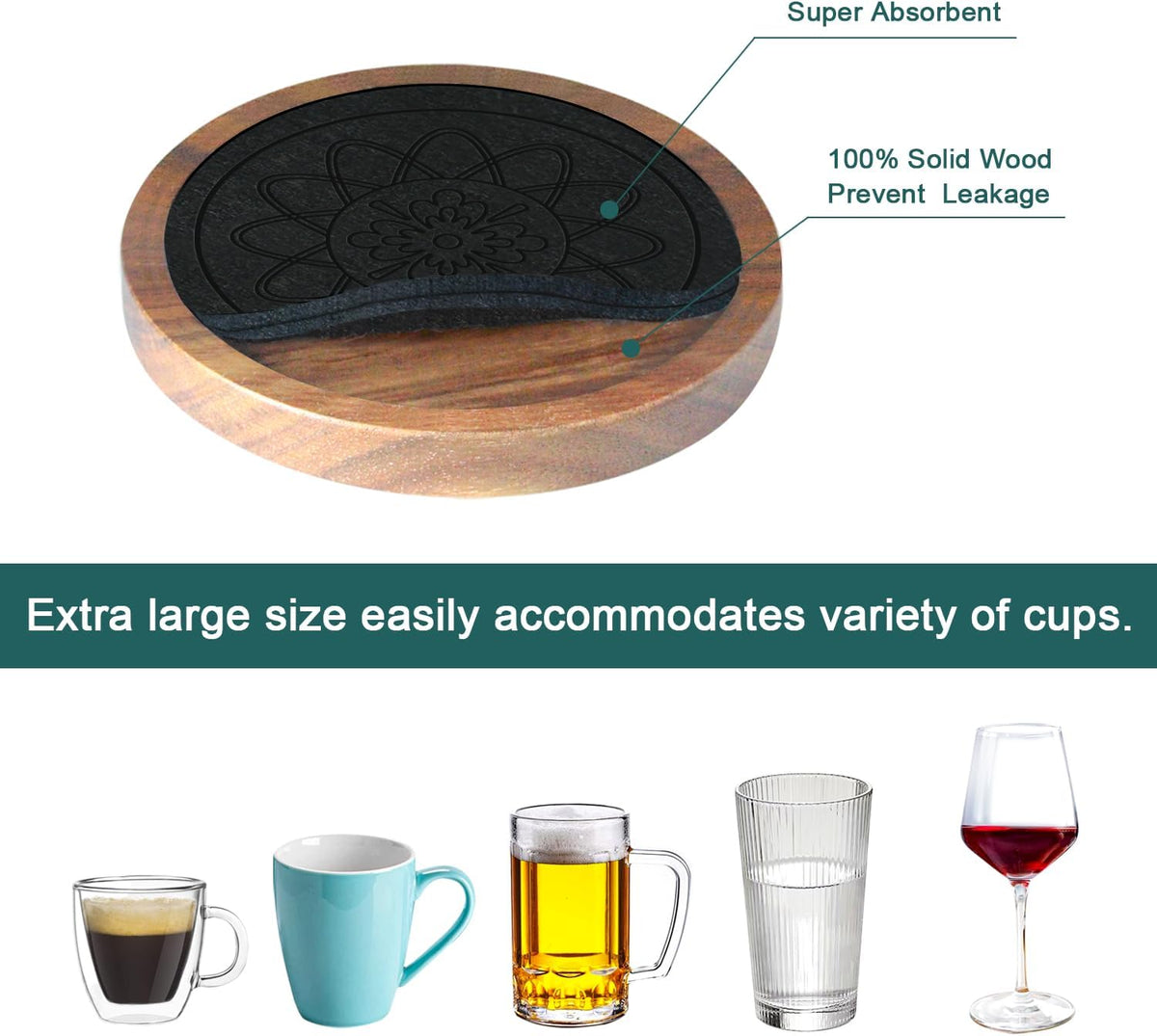 Wood Coasters for Drinks, Absorbent Coaster Sets of 5, Drinks Coasters for Coffee Tabletop Protection, Non-Slip, Non-Stick, Suitable for Kinds of Cups Wooden Table Drink, 4.3 Inches Black