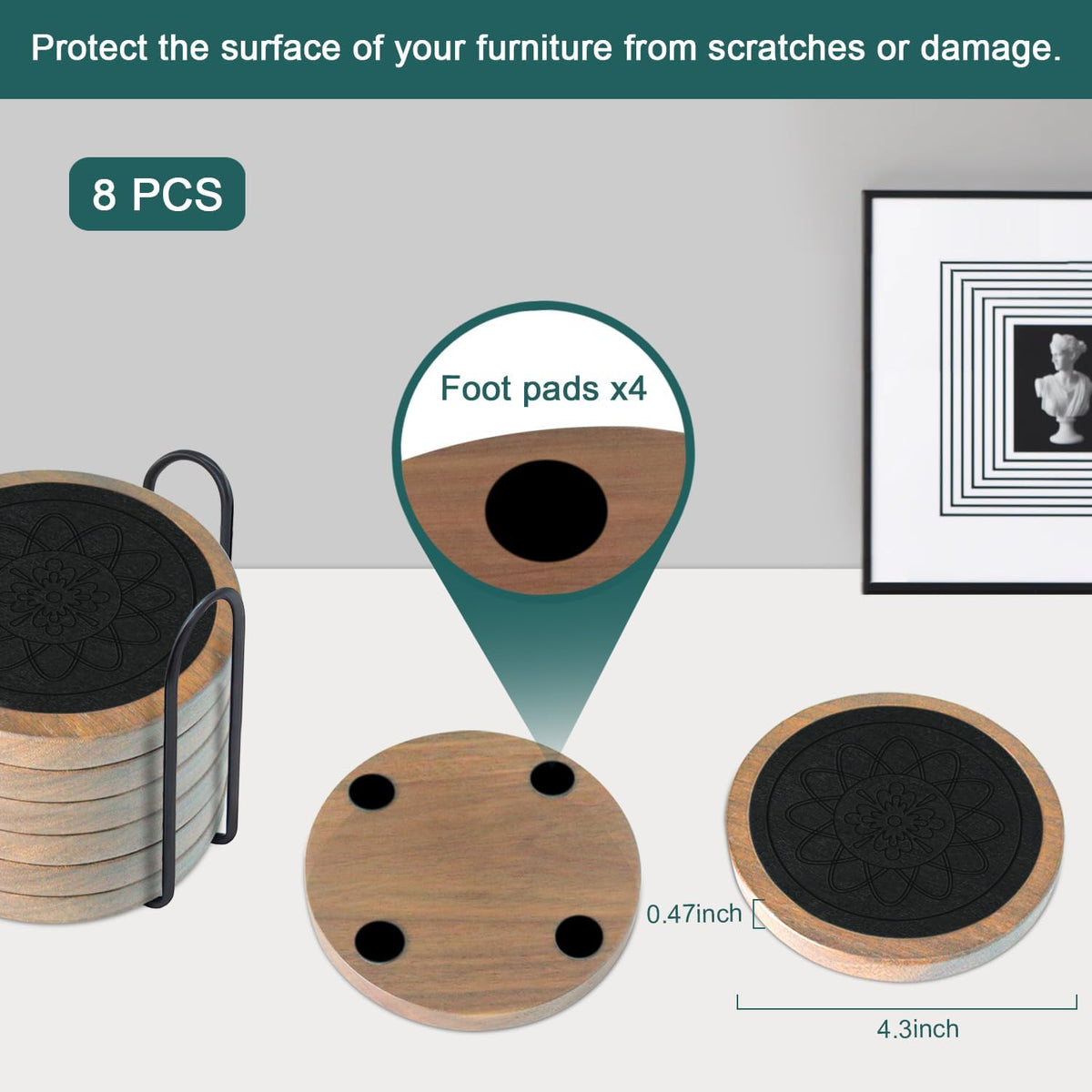 Wood Coasters for Drinks, Absorbent Coaster Sets of 5, Drinks Coasters for Coffee Tabletop Protection, Non-Slip, Non-Stick, Suitable for Kinds of Cups Wooden Table Drink, 4.3 Inches Black