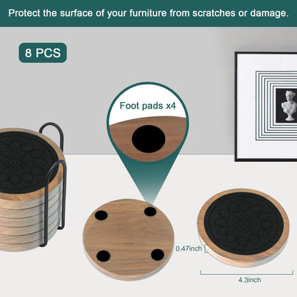 Wood Coasters for Drinks, Absorbent Coaster Sets of 5, Drinks Coasters for Coffee Tabletop Protection, Non-Slip, Non-Stick, Suitable for Kinds of Cups Wooden Table Drink, 4.3 Inches Black