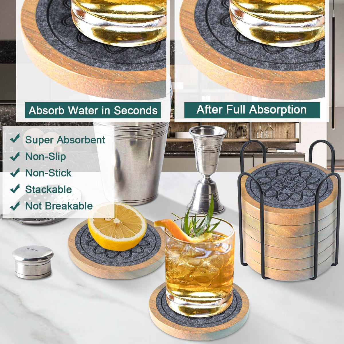 Wood Coasters for Drinks, Absorbent Coaster Sets of 5, Drinks Coasters for Coffee Tabletop Protection, Non-Slip, Non-Stick, Suitable for Kinds of Cups Wooden Table Drink, 4.3 Inches Black