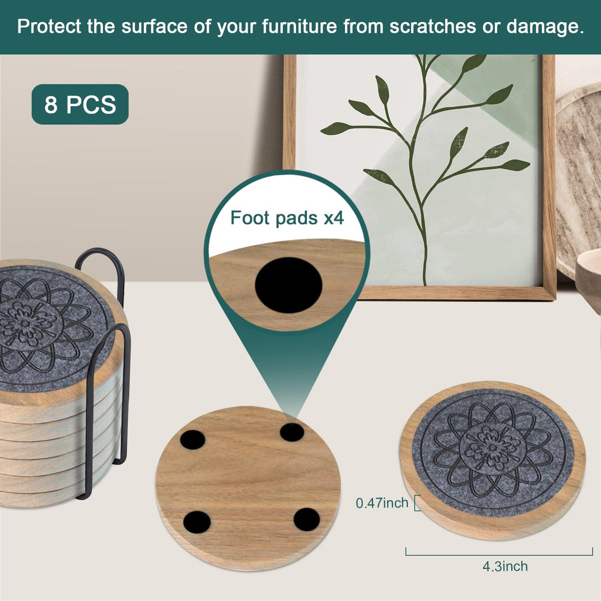 Wood Coasters for Drinks, Absorbent Coaster Sets of 5, Drinks Coasters for Coffee Tabletop Protection, Non-Slip, Non-Stick, Suitable for Kinds of Cups Wooden Table Drink, 4.3 Inches Black