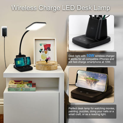 LED Desk Lamp with 10W Wireless Charging & Pen Holder, Black