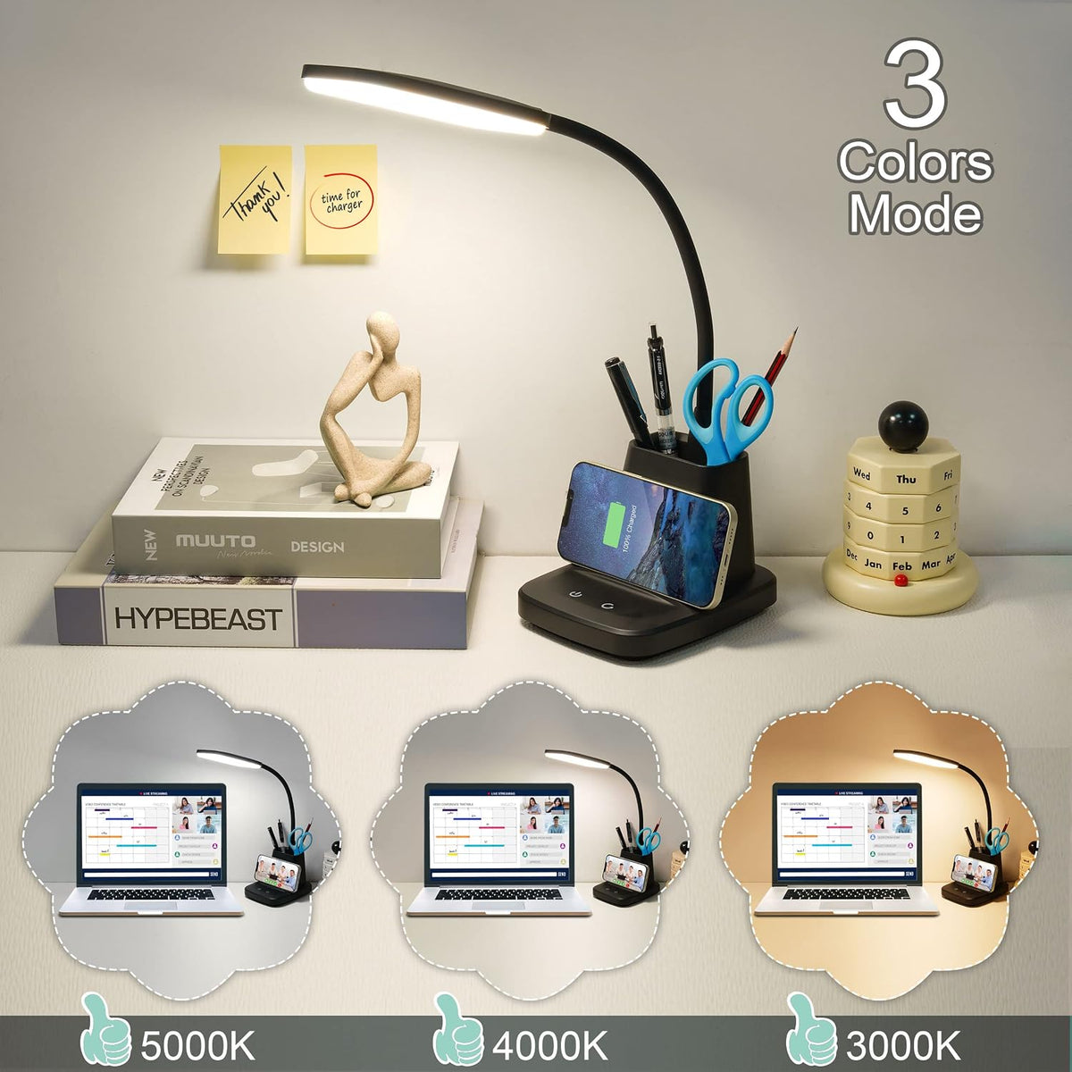 LED Desk Lamp with 10W Wireless Charging & Pen Holder, Black