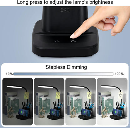 LED Desk Lamp with 10W Wireless Charging & Pen Holder, Black