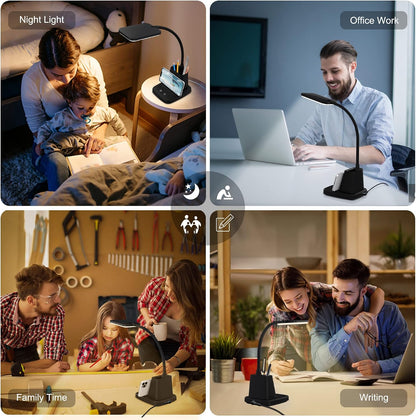 LED Desk Lamp with 10W Wireless Charging & Pen Holder, Black