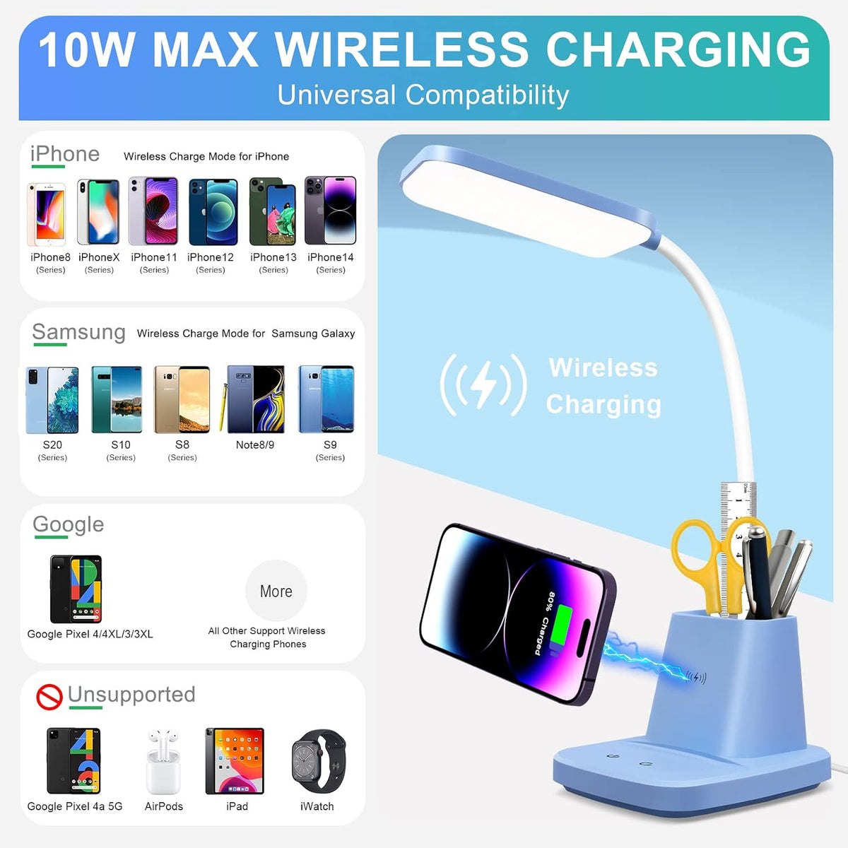 LED Desk Lamp with 10W Wireless Charging & Pen Holder, Black